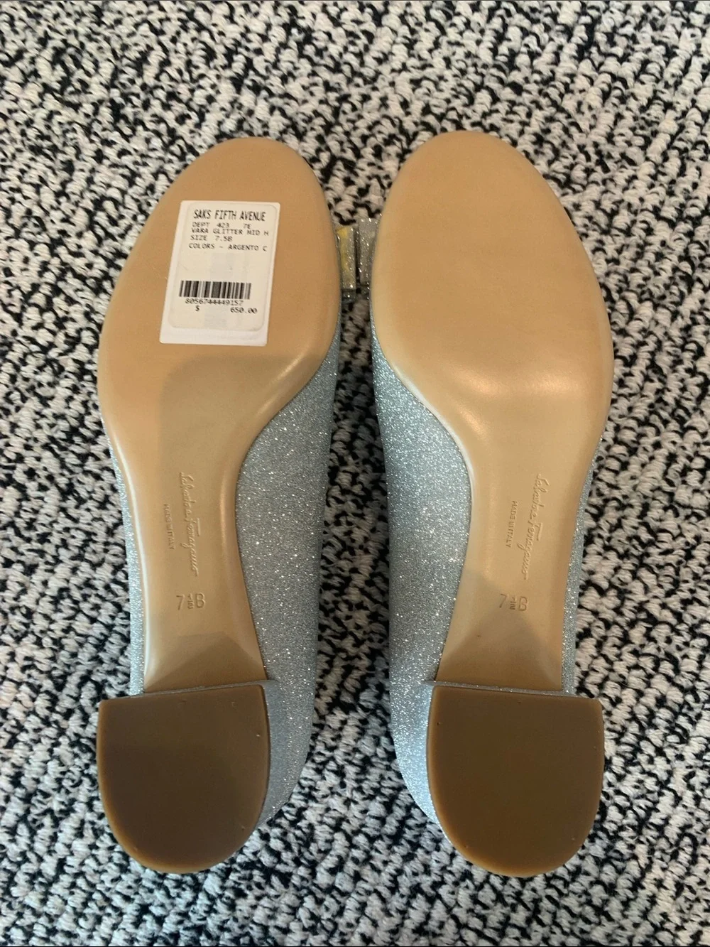 NWT Salvatore Ferragamo Silver Glitter Varina Bow Flats with Logo Plate 71/2